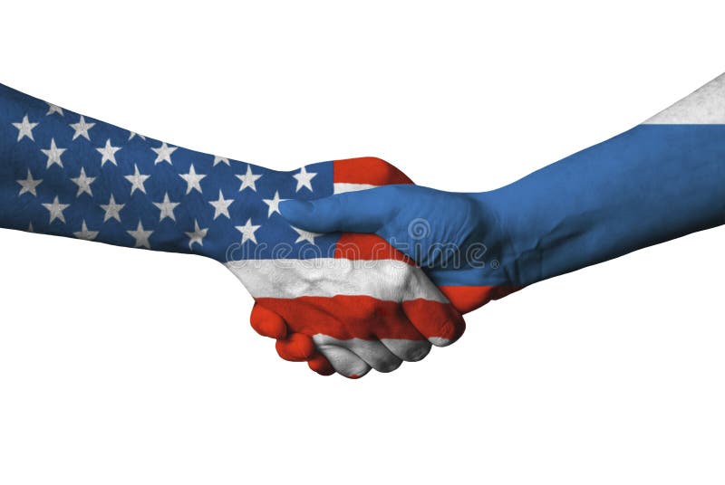 Usa and Russian Flag Across Handshake. Stock Image Image of