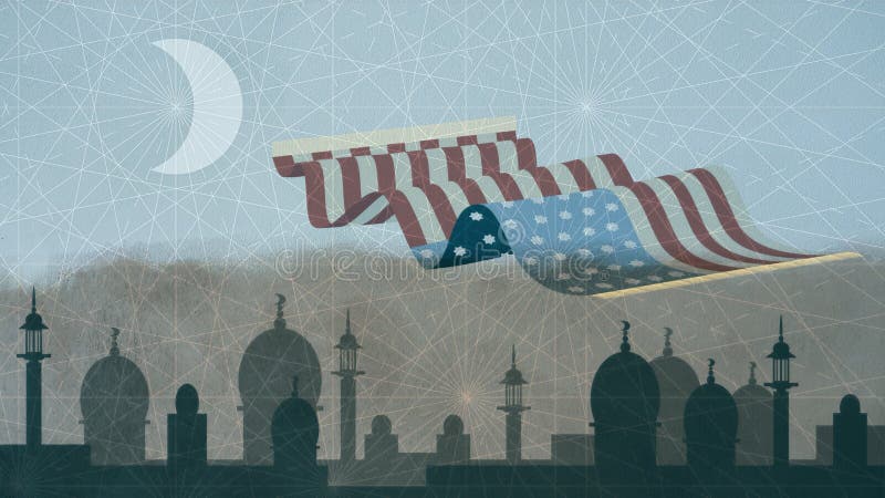 USA sjunker föreställt som magisk matta som flyger över islamisk Cityscape stock illustrationer USA sjunker föreställt som magisk matta som flyger över islamisk Cityscape stock illustrationer