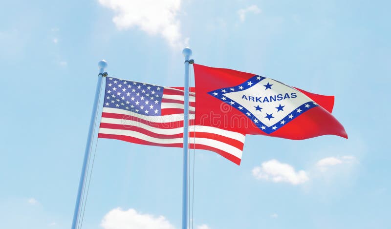 USA and State Arkansas, Two Flags Waving Against Blue Sky Stock