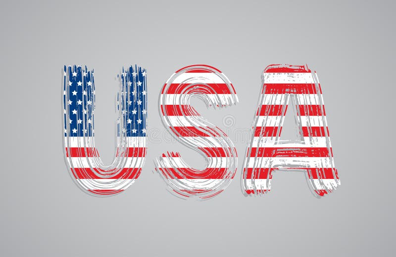 USA text wih american flag inside letters. Vector illustration. Grunge texture dry brush calligraphy. United States of America