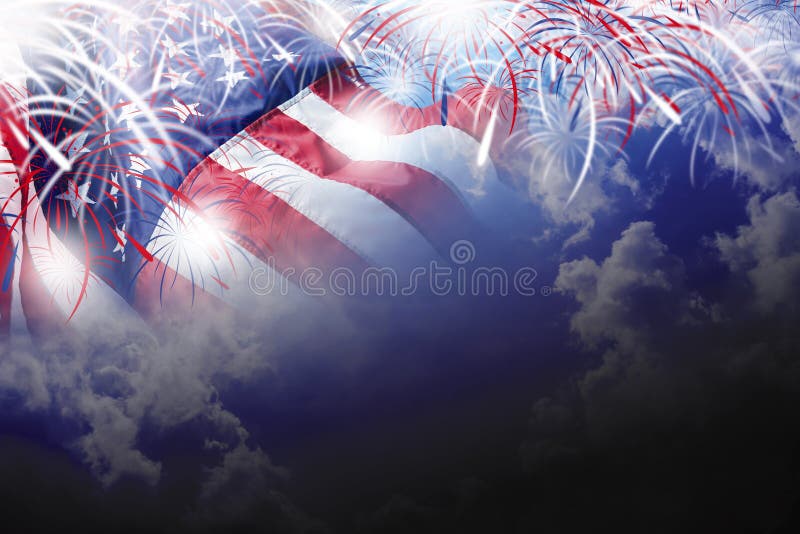 USA 4th Lipa dnia niepodległości tło flaga amerykańska z fajerwerkami na niebieskim niebie