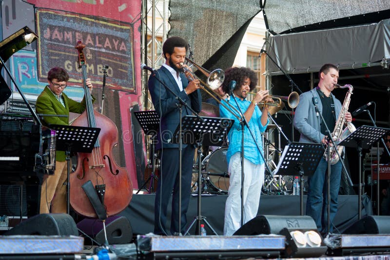 MOSCOW - JUNE 14: Moscow - New Orleans Project group performs at XI International Jazz Festival Usadba Jazz in Archangelskoye Museum-Mansion on June 14, 2014 in Moscow. MOSCOW - JUNE 14: Moscow - New Orleans Project group performs at XI International Jazz Festival Usadba Jazz in Archangelskoye Museum-Mansion on June 14, 2014 in Moscow