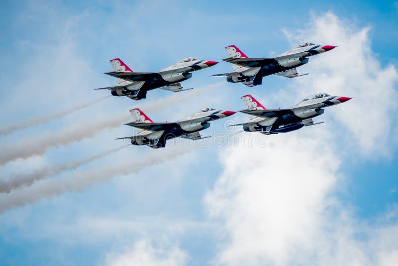 San Antonio, Texas - October, 31: United States Air Force F-16 Thunderbirds in Diamond Formation. San Antonio, Texas - October, 31: United States Air Force F-16 Thunderbirds in Diamond Formation