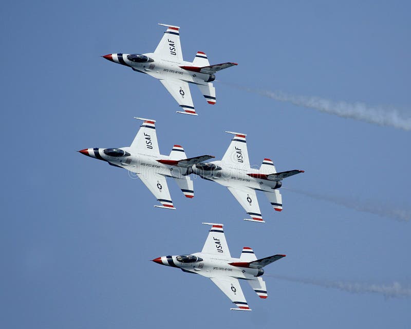 USAF F16 Thunderbirds flying in diamond formation. The F-16 Fighting Falcon is a multirole jet fighter aircraft developed by General Dynamics and Lockheed Martin in the United States. Designed as a lightweight fighter, it evolved into a successful multirole aircraft. The Thunderbirds are the Air Demonstration Squadron of the United States Air Force. As such, they tour the United States and much of the world, performing aerobatic formation and solo flying in specially-marked USAF jet aircraft.Officers serve a two-year assignment with the squadron, while enlisted personnel serve three to four. Replacements must be trained for about half of the team each year, providing a constant mix of experience.The squadron performs no more than 88 air demonstrations each year and has never canceled a demonstration due to maintenance difficulty. In addition to their air demonstration responsibilities, the Thunderbirds are part of the USAF combat force and a component of the 57th Wing. If required, the team's personnel and aircraft can be rapidly integrated into a fighter unit at Nellis Air Force Base, Nevada. USAF F16 Thunderbirds flying in diamond formation. The F-16 Fighting Falcon is a multirole jet fighter aircraft developed by General Dynamics and Lockheed Martin in the United States. Designed as a lightweight fighter, it evolved into a successful multirole aircraft. The Thunderbirds are the Air Demonstration Squadron of the United States Air Force. As such, they tour the United States and much of the world, performing aerobatic formation and solo flying in specially-marked USAF jet aircraft.Officers serve a two-year assignment with the squadron, while enlisted personnel serve three to four. Replacements must be trained for about half of the team each year, providing a constant mix of experience.The squadron performs no more than 88 air demonstrations each year and has never canceled a demonstration due to maintenance difficulty. In addition to their air demonstration responsibilities, the Thunderbirds are part of the USAF combat force and a component of the 57th Wing. If required, the team's personnel and aircraft can be rapidly integrated into a fighter unit at Nellis Air Force Base, Nevada