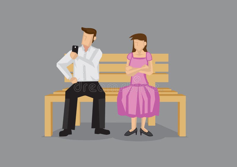 Cartoon man checking his mobile phone on a date and neglecting girlfriend, leaving her pissed. Vector cartoon illustration on technology and social etiquette concept isolated on plain grey background. Cartoon man checking his mobile phone on a date and neglecting girlfriend, leaving her pissed. Vector cartoon illustration on technology and social etiquette concept isolated on plain grey background.