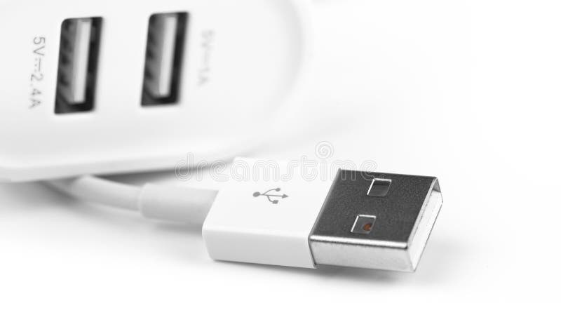 USB charger connector input and USB ports on the white stock image