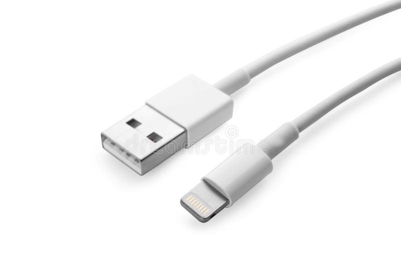 USB To Lightning Cable Isolated on White. Modern Technology Stock Photo