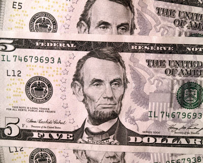 USD 5 United States Dollar Bills Close Up