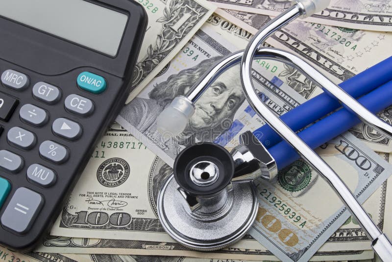 USD bank notes and calculator showing cost of health care