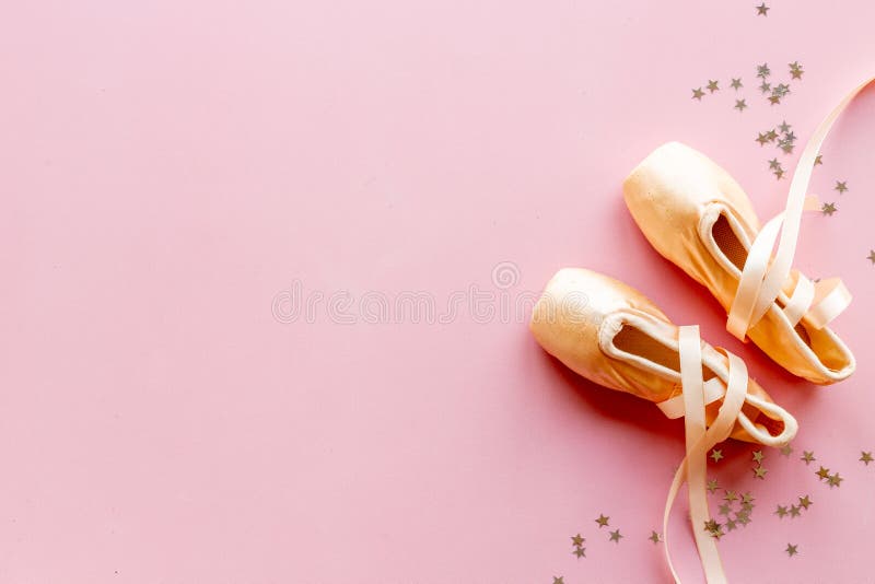 Used Ballet Pointe Shoes or Slippers with Ribbon, Top View Stock Photo