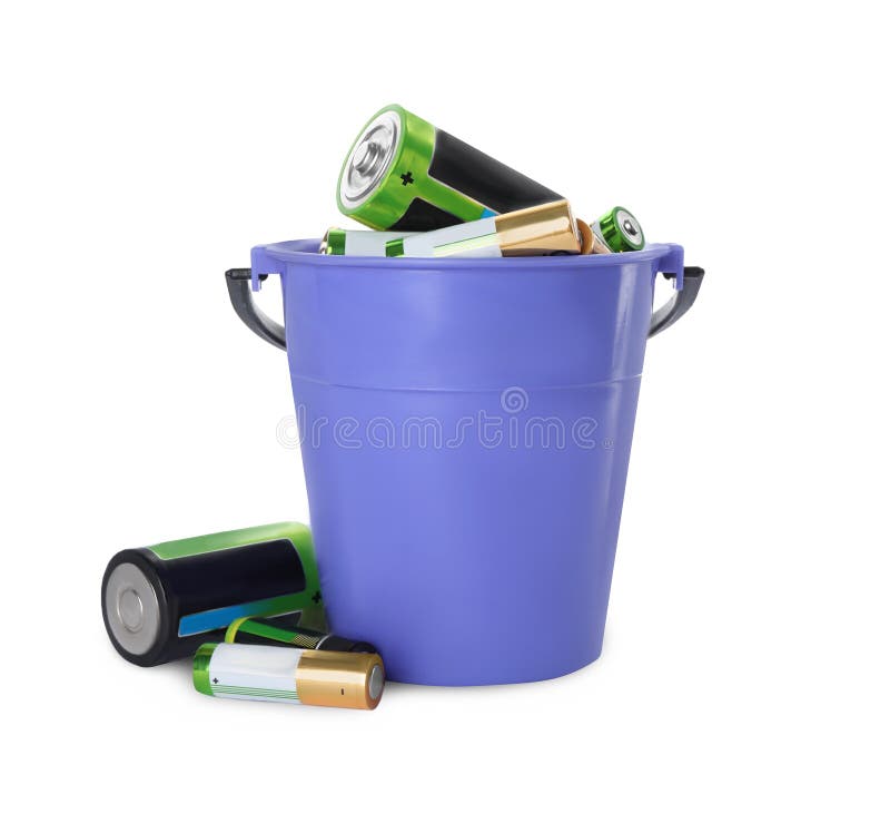 Used Batteries and Bucket on White Background Stock Photo Image of