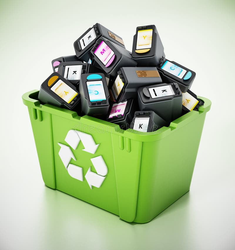 Used Inkjet Printer Cartridges Inside Green Recycle Box. 3D ...