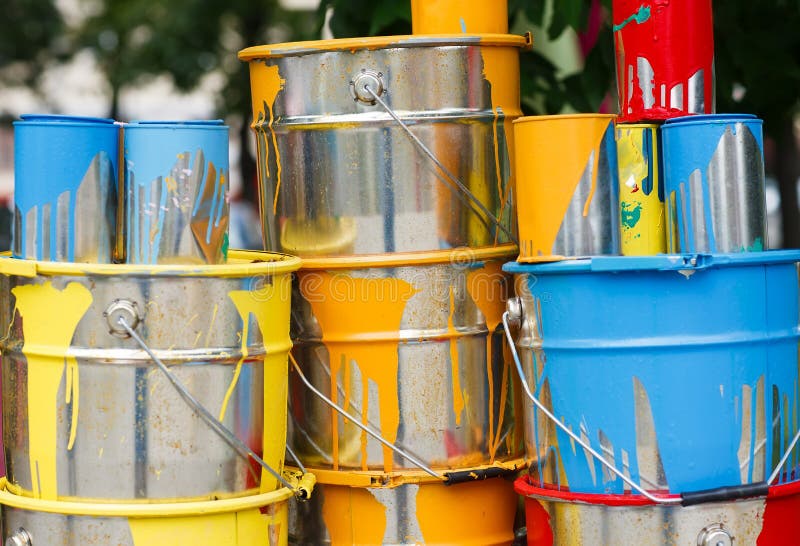 Used Colorful Paint Buckets Painter Stock Photos Free & RoyaltyFree
