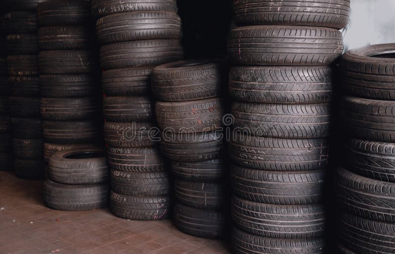 Used Tires are in Row, Concept of Recycling Rubber Wheels Stock Image