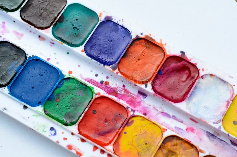 Used watercolor paint box stock photo. Image of bright 63570166