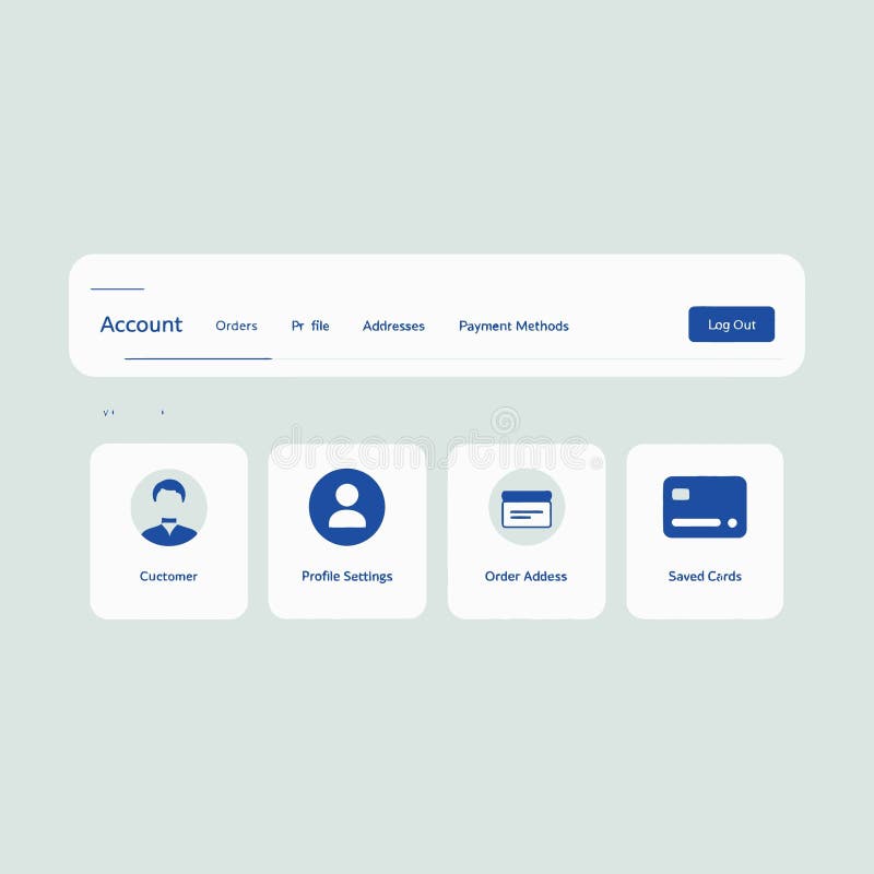 A clean user interface displays account options including customer profile, orders, addresses, payment methods, and a log out button. Blue icons and text are set against a light green background. The style is minimalist and flat. Online account log vectors