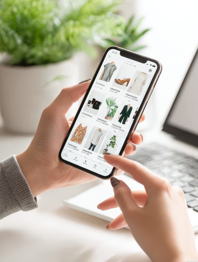Browsing E-Commerce Site on Smartphone With a Clean and Minimal Layout in a Bright Workspace Surrounded by Plants royalty free stock image