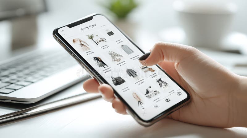 User Explores an E-Commerce Site on Smartphone With a Clean Minimal Layout During a Casual Shopping Session at Home royalty free stock photos