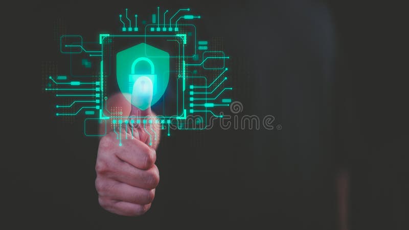 User hand interacts with a digital lock icon, symbolizing cyber security and data protection. royalty free stock photography