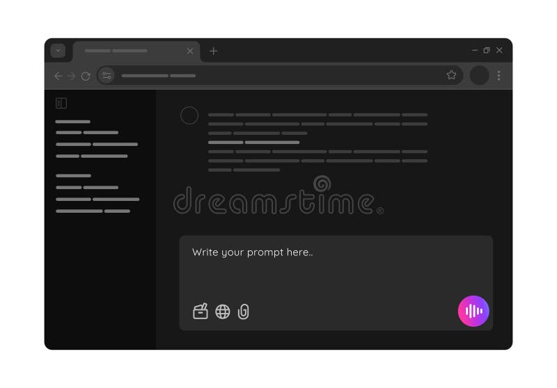 User interface of AI chat bot large language model service LLM artificial intelligence in dark mode web browser page royalty free illustration