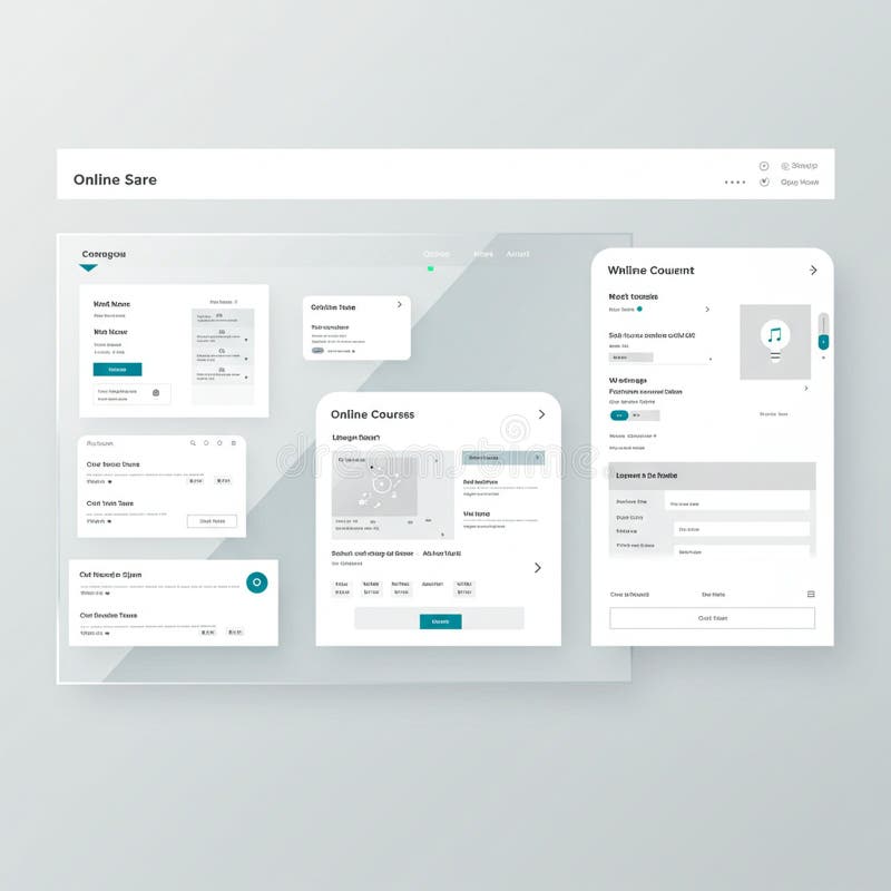 User interface design for an online platform, featuring a clean, minimalist layout in grayscale tones with teal accents. Includes elements like buttons, text fields, and cards for displaying course information and user details. The design incorporates various sections titled "Online Courses," "Classroom," and "Consent," demonstrating forms for user input and selection options. The interface is structured with a focus on user accessibility and intuitive navigation. User consent illustrations