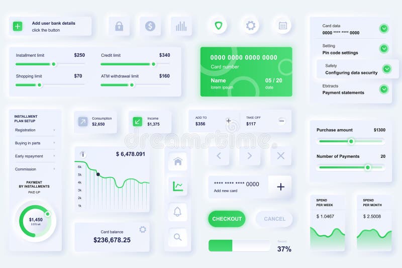 User interface elements for banking mobile app. Unique neumorphic design UI, UX, GUI, KIT elements template. Neumorphism vector illustration