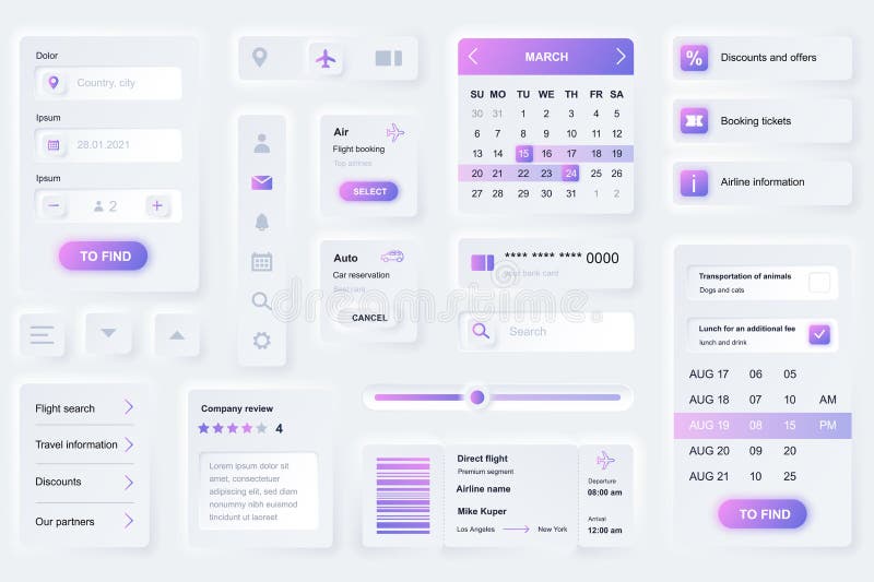 User interface elements for booking travel mobile app. Unique neumorphic design UI, UX, GUI, KIT elements template vector illustration
