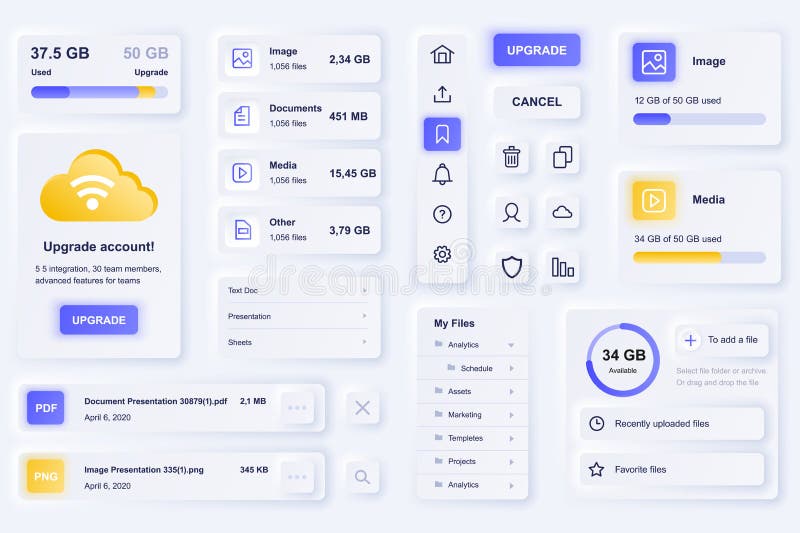 User interface elements for cloud technology mobile app. Unique neumorphic design UI, UX, GUI, KIT elements template vector illustration