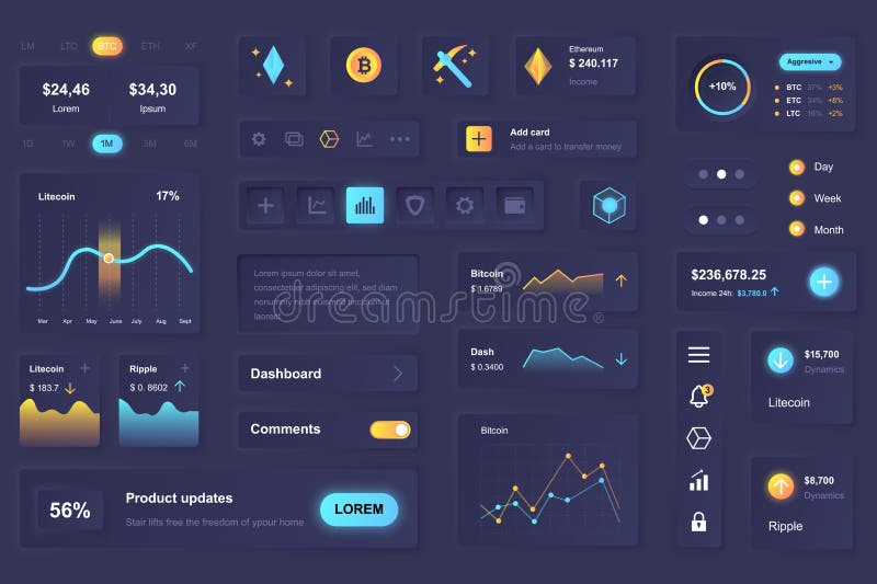 User interface elements for cryptocurrency mobile app. Unique neumorphic design UI, UX, GUI, KIT elements template vector illustration