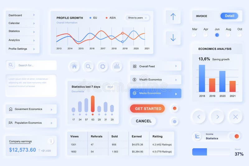 User interface elements for data analisys mobile app. Unique neumorphic design UI, UX, GUI, KIT elements template vector illustration