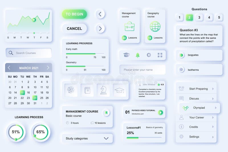 User interface elements for distant learning mobile app. Unique neumorphic design UI, UX, GUI, KIT elements template. Neumorphism style. Different form, components, button, menu, vector icons.