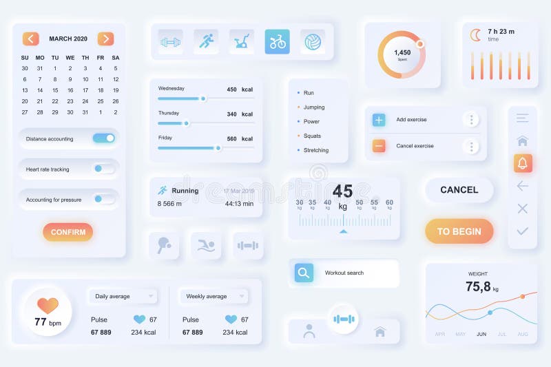User interface elements for fitness mobile app. Unique neumorphic design UI, UX, GUI, KIT elements template. Neumorphism royalty free illustration
