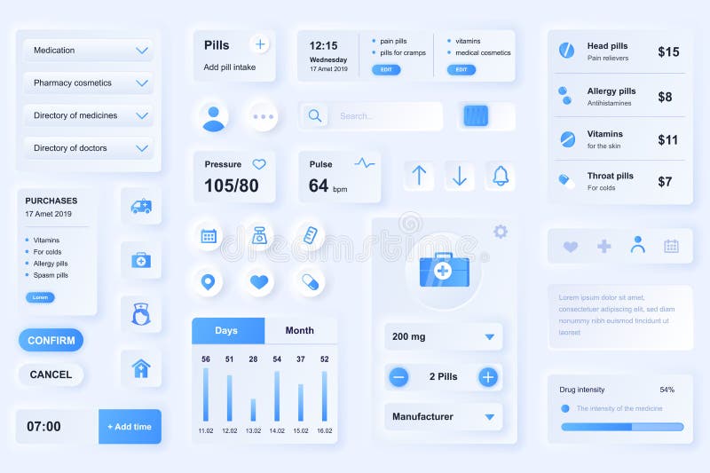 User interface elements for medical mobile app. Unique neumorphic design UI, UX, GUI, KIT elements template. Neumorphism royalty free illustration