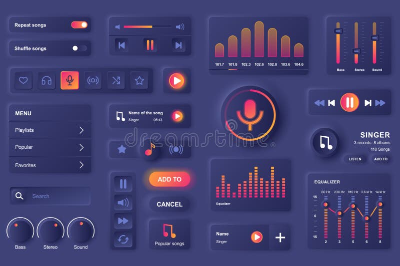 User interface elements for music mobile app. Unique neumorphic design UI, UX, GUI, KIT elements template. Neumorphism stock illustration