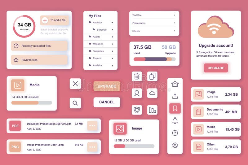 User interface elements set for Cloud storage mobile app or web. Vector components. stock illustration