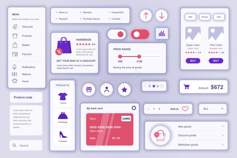 User interface elements set for Commerce mobile app or web. Vector components. stock illustration