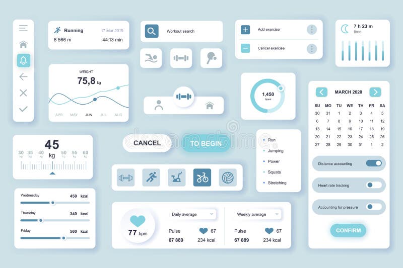 User interface elements set for Fitness mobile app or web. Vector components. royalty free illustration