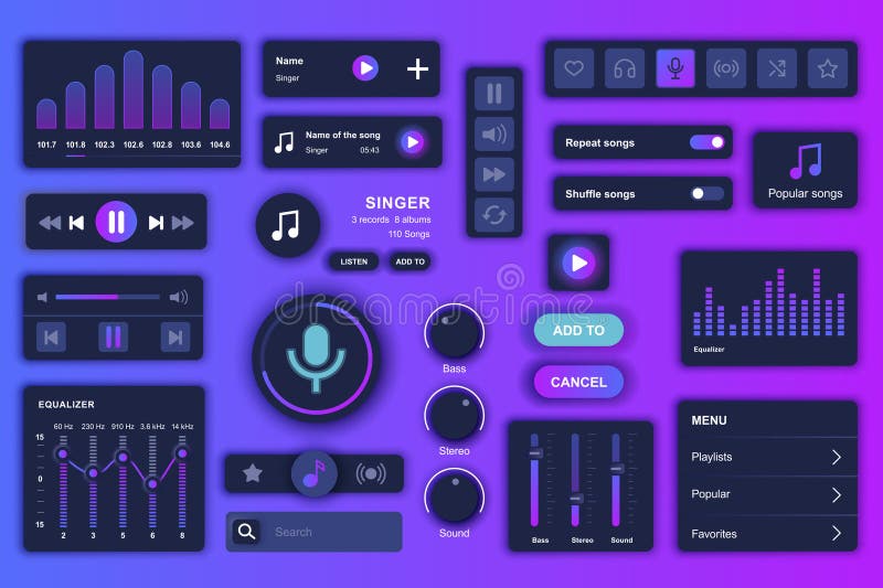 User interface elements set for Music mobile app or web. Vector components. vector illustration