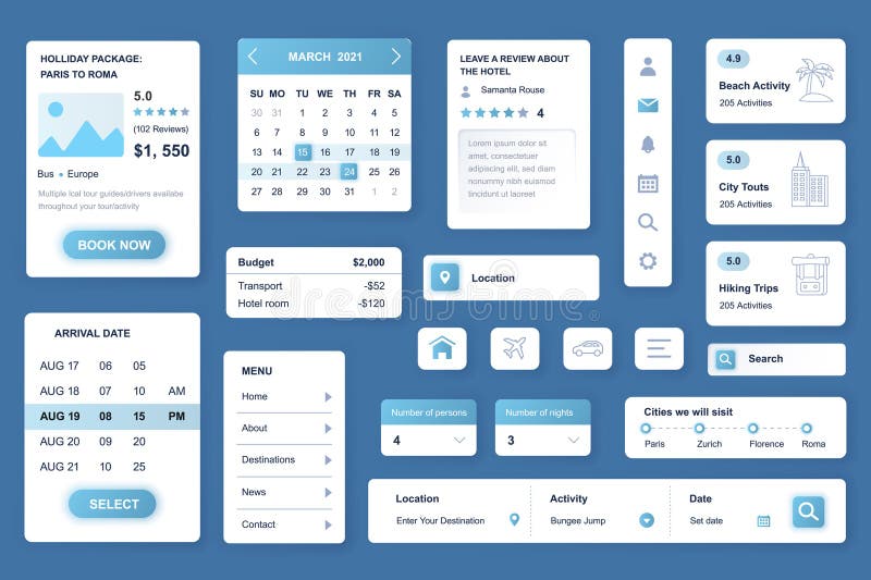 User interface elements set for Travel agency mobile app or web. Vector components. royalty free illustration