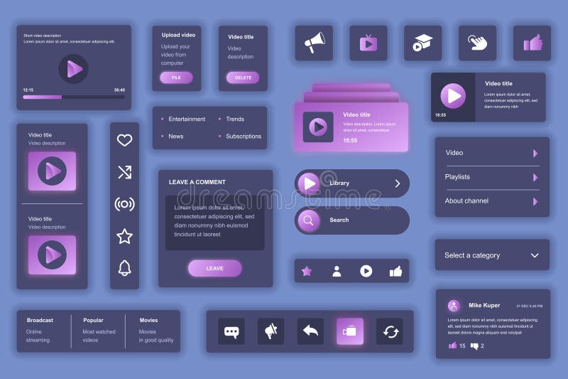 User interface elements set for Video tube mobile app or web. Vector components. stock illustration