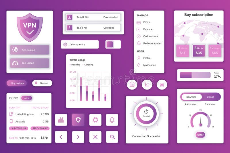 User interface elements set for VPN service mobile app or web. Vector components. stock illustration