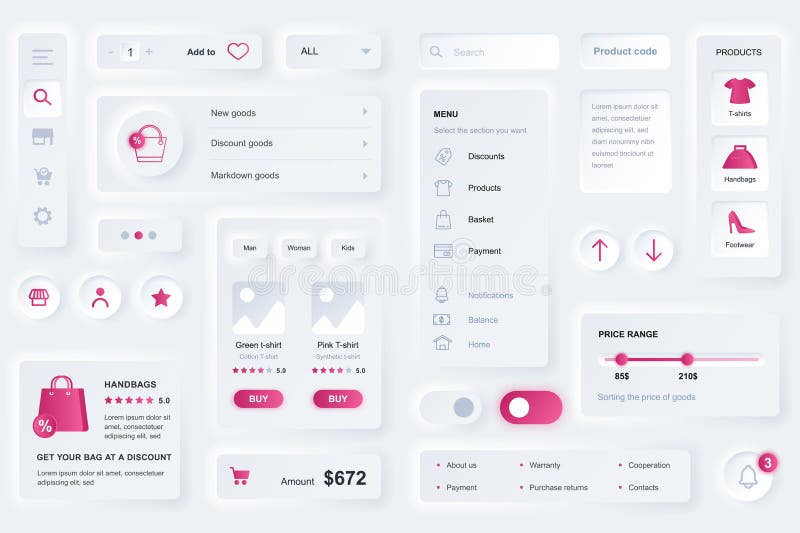 User interface elements for shopping mobile app. Unique neumorphic design UI, UX, GUI, KIT elements template royalty free illustration
