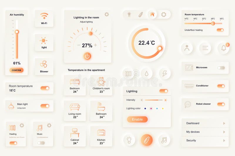 User interface elements for smart home mobile app. Unique neumorphic design UI, UX, GUI, KIT elements template royalty free illustration