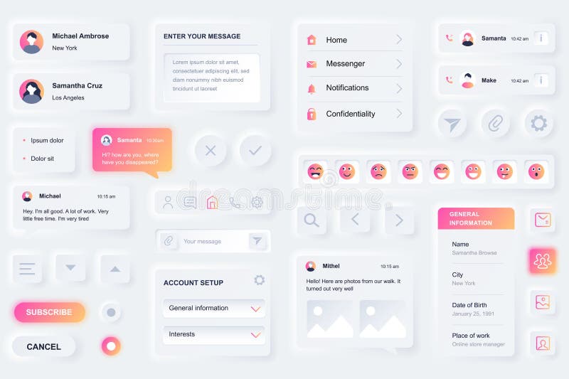 User interface elements for social network mobile app. Unique neumorphic design UI, UX, GUI, KIT elements template royalty free illustration