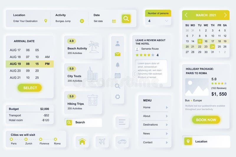 User interface elements for travel agency mobile app. Unique neumorphic design UI, UX, GUI, KIT elements template royalty free illustration