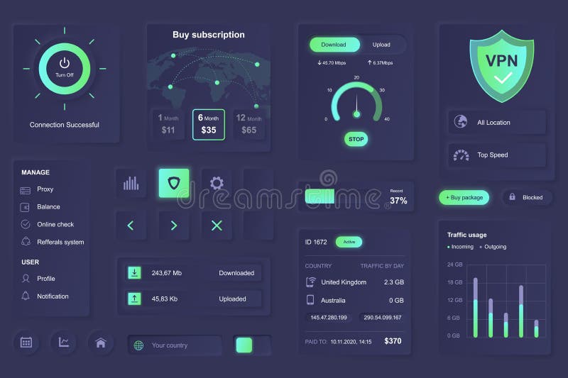 User interface elements for VPN service mobile app. Unique neumorphic design UI, UX, GUI, KIT elements template stock illustration