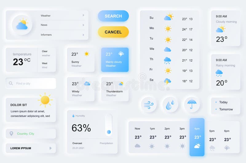 User interface elements for weather forecast mobile app. Unique neumorphic design UI, UX, GUI, KIT elements template stock illustration