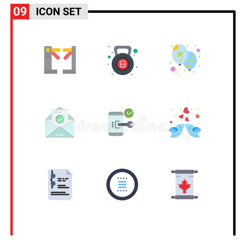 9 User Interface Flat Color Pack of modern Signs and Symbols of mobile, key, balloon, education, email royalty free illustration