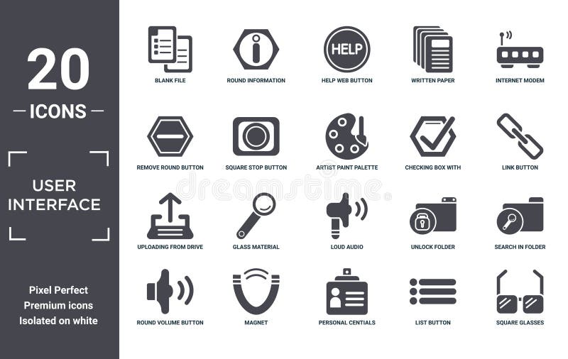 User. interface icon set. include creative elements as blank file, internet modem, checking box with a checkmark, loud audio royalty free illustration