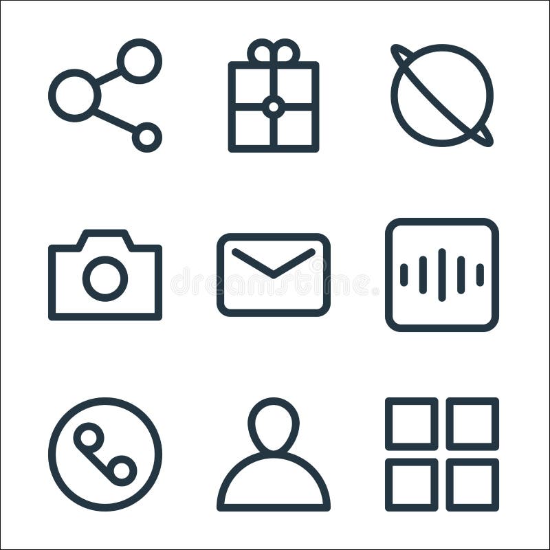 User interface line icons. linear set. quality vector line set such as application, user, call, radio, message, camera, browser, gift illustration